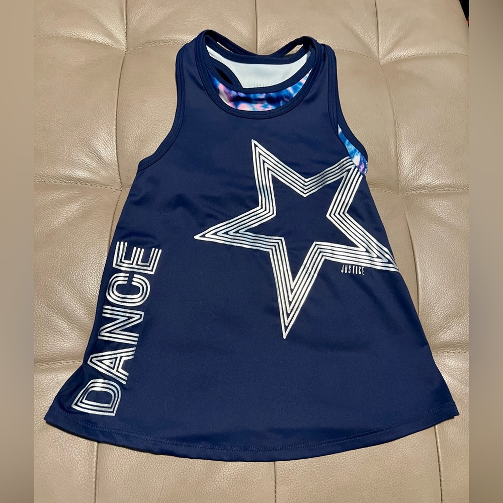 Justice girls 6 blue metallic athletic active wear DANCE sports bra tank top set
